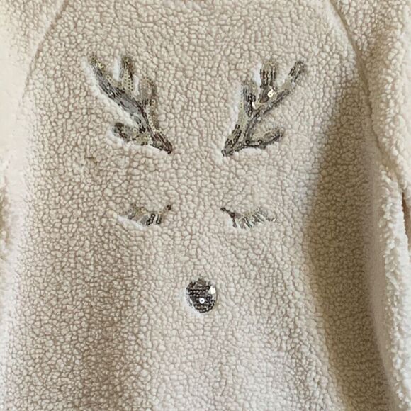 No Boundaries Womens Christmas Sweater SM White Fleece Plush Sleeping Reindeer - Picture 3 of 13